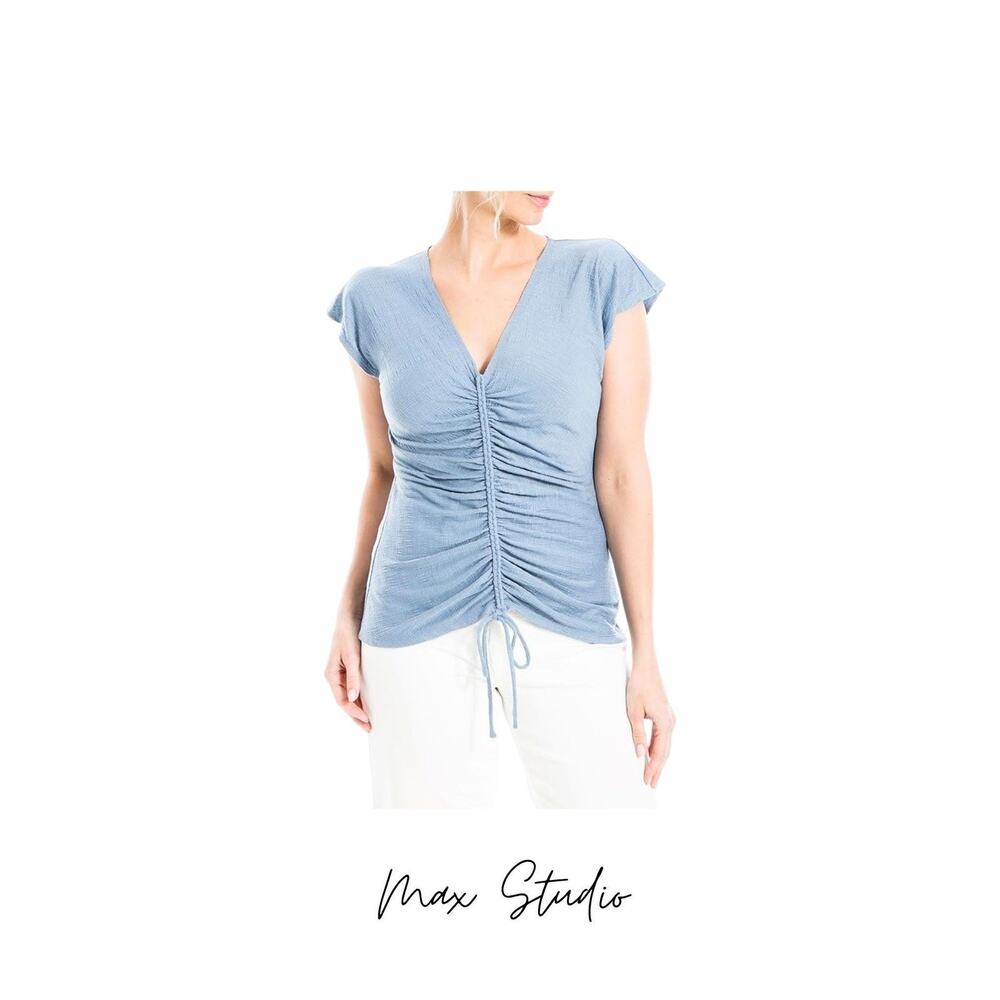 Max Studio Women's Ruched V-Neck Cap Sleeve Top Blue Textured Knit XS NWT
